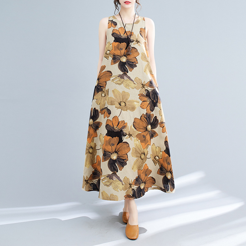 Vestido midi estampado sem mangas com gola redonda, estilo boêmio, plus size, para o verão de 2024._voghion.com