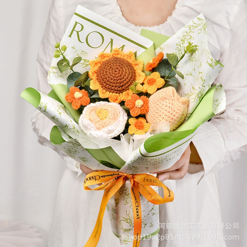 Productos transfronterizos acabados de lana tejido flores hechas a mano girasol trenzado regalos de vacaciones decoración flores falsas al por mayor