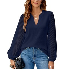 ヨーロッパとアメリカのクロスボーダー婦人服 2025 Amazon 独立したステーションの新しい無地 V ネックレーススプライシングシフォンシャツトップ