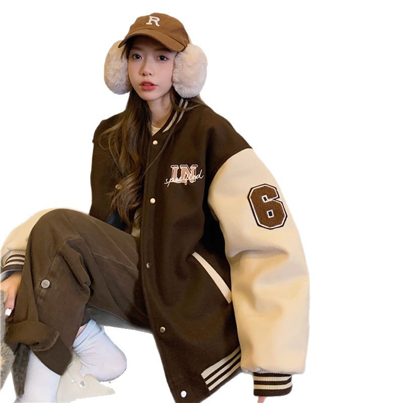 拼色棒球服外套女秋冬新款美式复古加厚BF风宽松夹克上衣百搭开衫|undefined