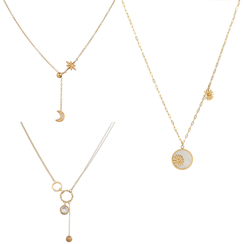 French Style Round Flower Stainless Steel Plating Inlay Zircon Pendant Necklace 1 Piece