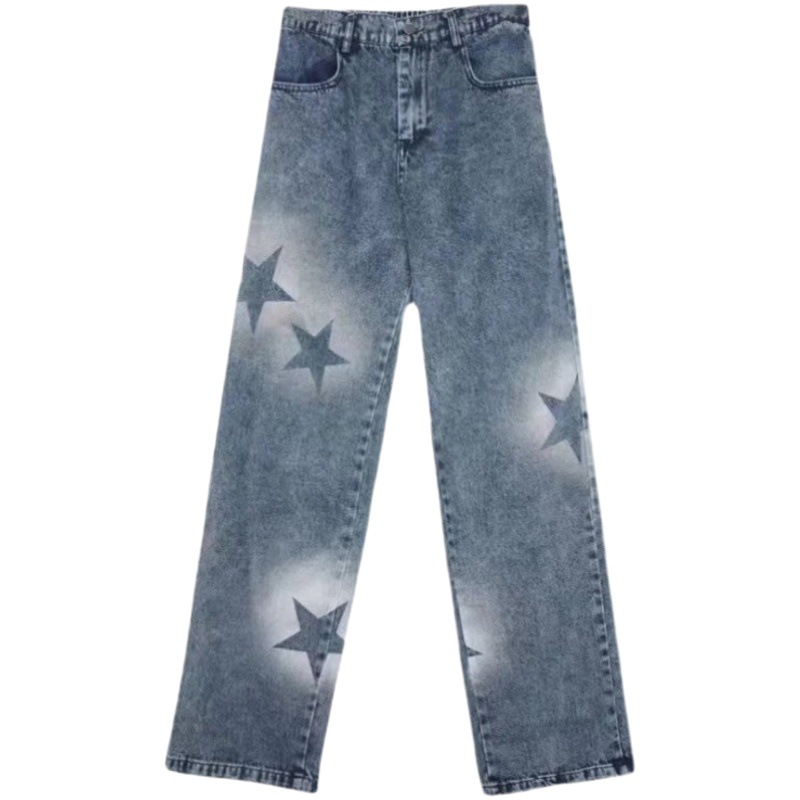 Pantalones de mezclilla rectos de la calle alta de Europa y América ins marca de moda de los hombres estrella de cinco puntas pantalones de pierna ancha drapeado más tamaño frito calle papá pantalones