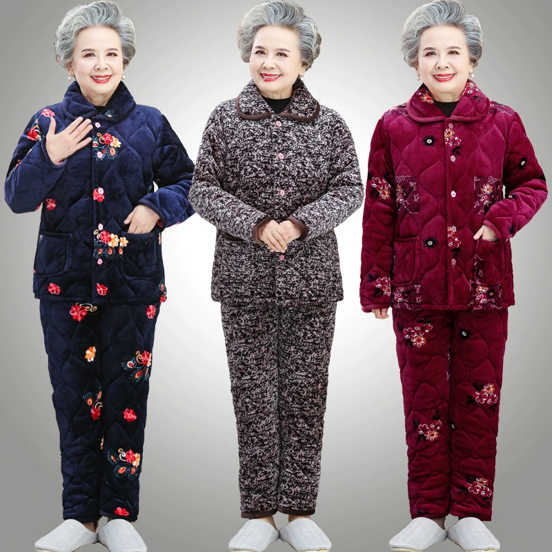 Домашняя одежда для пожилых женщин Трехслойная утолщенная Пижама для мамы Фланелевая зимняя одежда для пожилых женщин Костюм бабушки на флисовой подкладке с хлопковой подкладкой