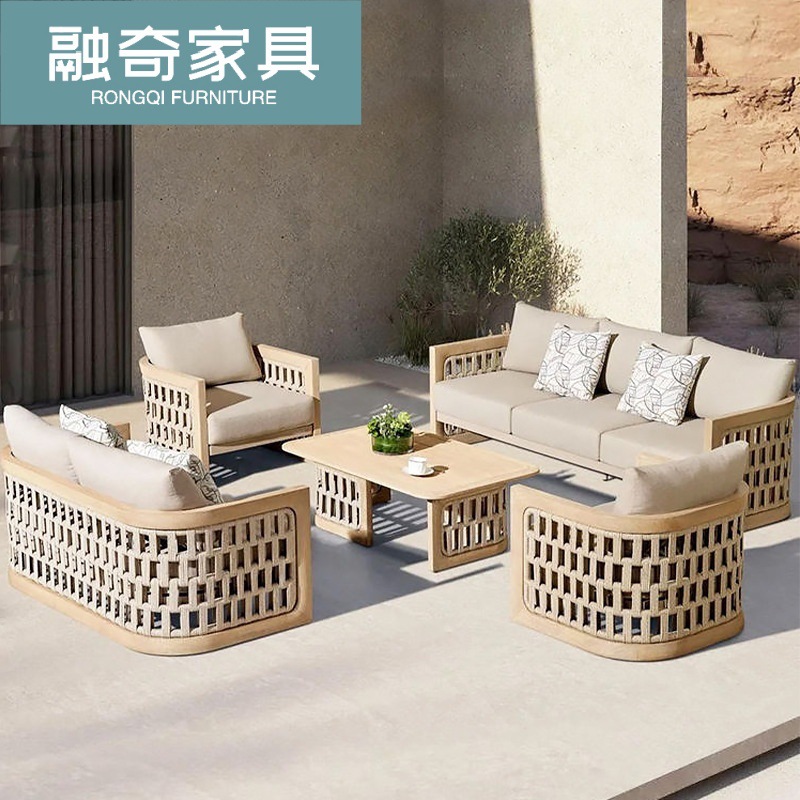 Outdoor High-End Teak Sofa Coffee Table Combination Courtyard Outdoor B&B Villa Terrace Rope Hotel Solid Wood Furniture