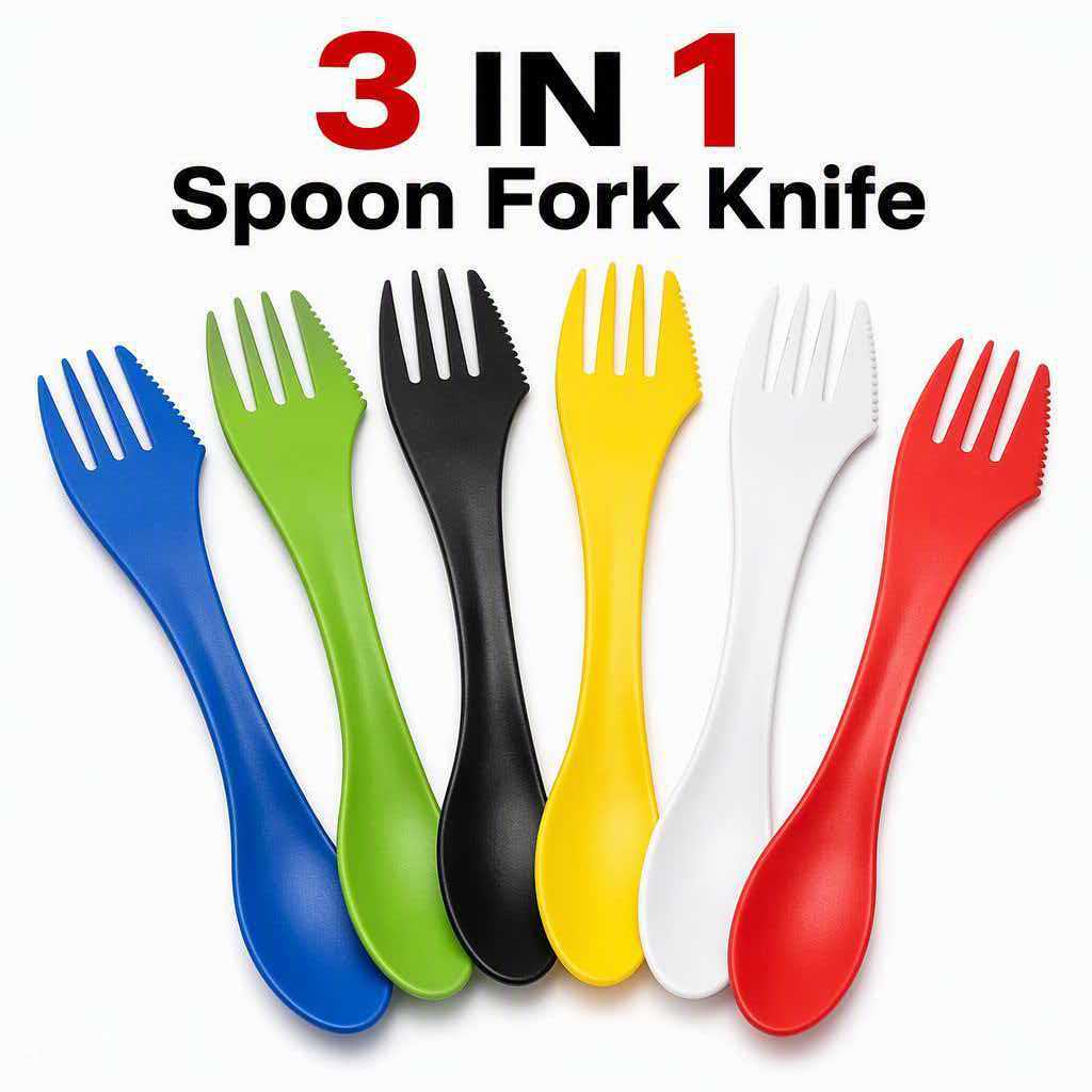 Manufacturer of Children's Tableware, Plastic Food-Grade Knife, Fork, and Spoon Set, Outdoor Multi-Functional Spoon, Three-In-One Spoon with Logo Printing
