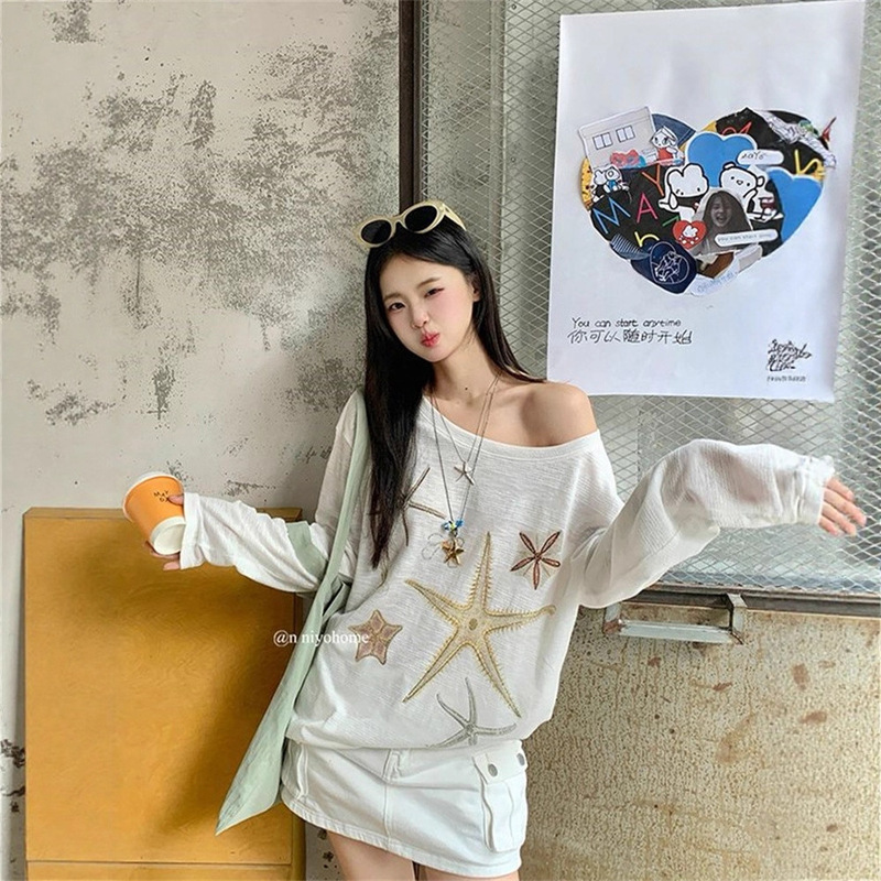 Lucky Star Thelight Summer Printed Rhinestone Wide Collar Off-Shoulder Air Conditioning Shirt Long Sleeve T-Shirt for Women Cool Lyocell