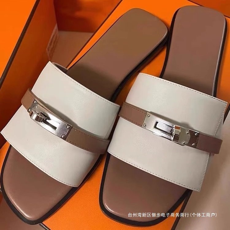 2025高品质小锁扣一字拖鞋女时尚百搭拼色方头平底外穿休闲拖鞋|undefined