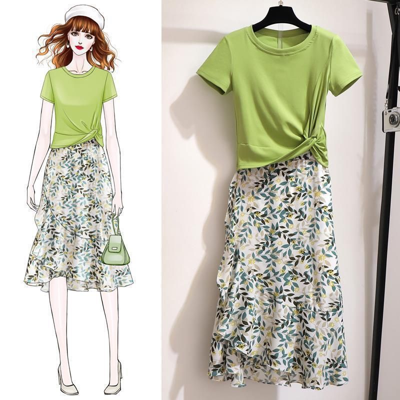 Summer Outfit 2026 New Trendy Skirt Set for Students, Korean Style Fashionable Short-Sleeve Women's Chiffon Skirt Two-Piece Set
