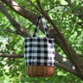 一件代发新款草编包麻布拼接包藤编包手提帆布袋子编织包女包夏