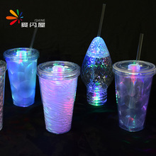 定制透明双层吸管杯 pvc夹片led七彩闪光发光双层吸管杯 可印刷