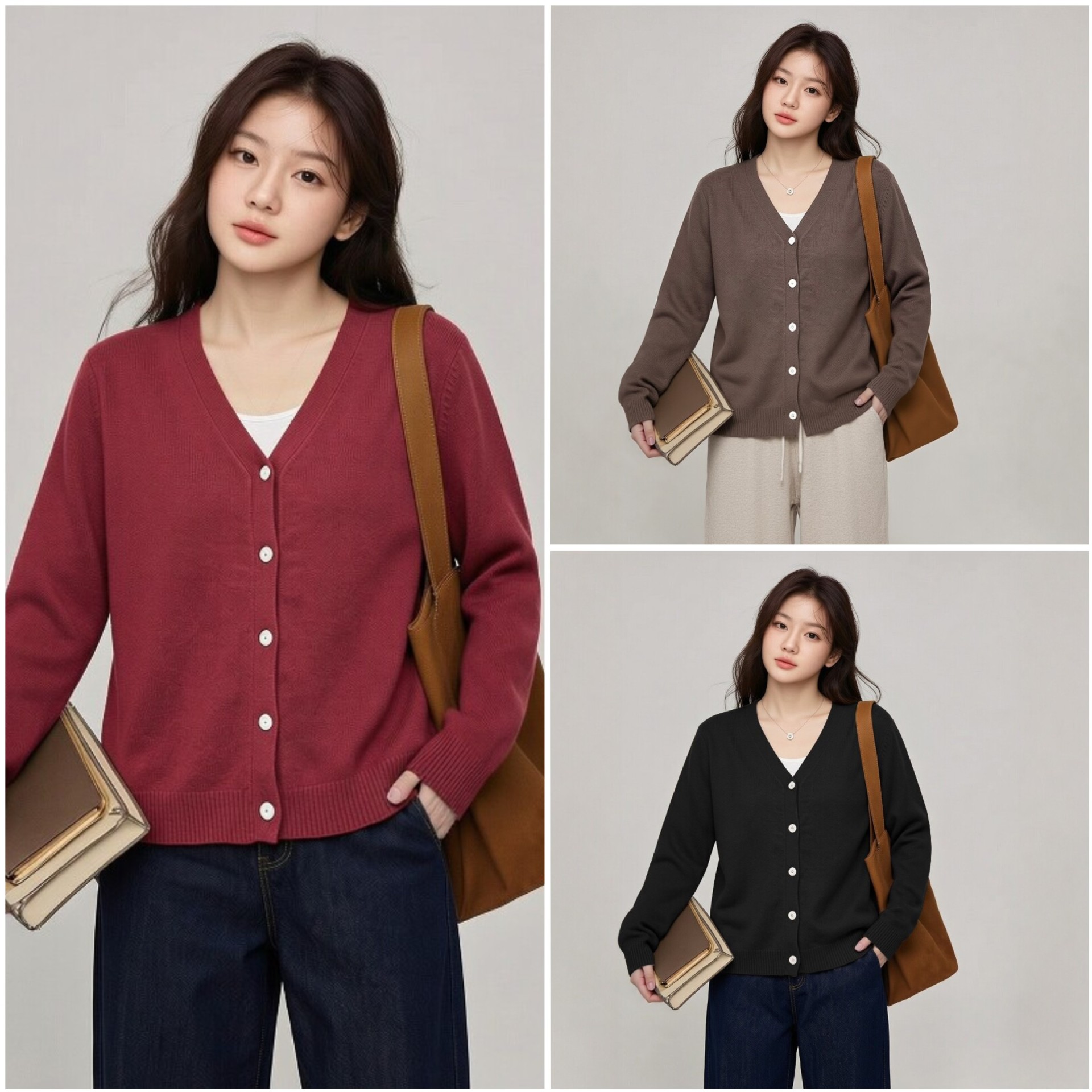 Plus-size (200 lbs) knitted V-neck cardigan for early autumn, slimming and flattering, with loose shoulders, versatile style. (9190)