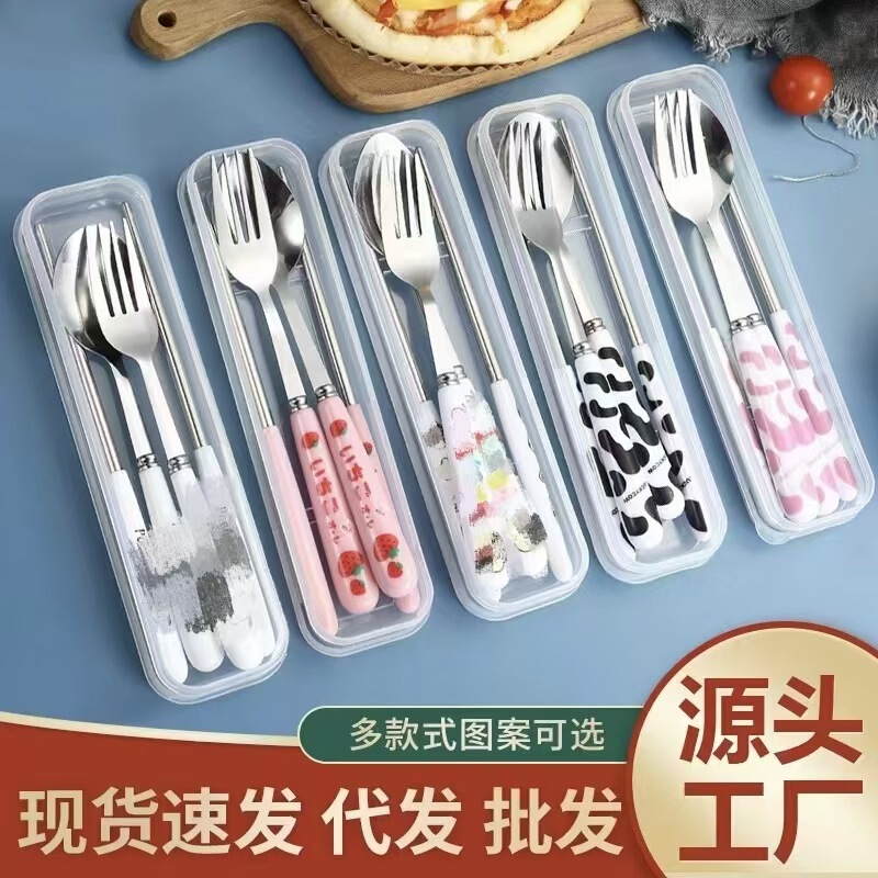 Wholesale stainless steel convenient tableware three-piece set cartoon cute convenient spoon Fork chopsticks tableware gift set Wholesale stainless steel convenient tableware three-piece set cartoon cute convenient spoon Fork chopsticks tableware gift set
