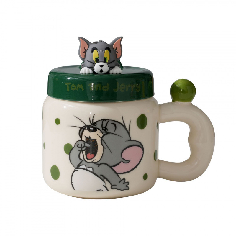Gato y ratón con tapa de cerámica mug creativo encantador características divertidas originales soporte de teléfono de café taza de té