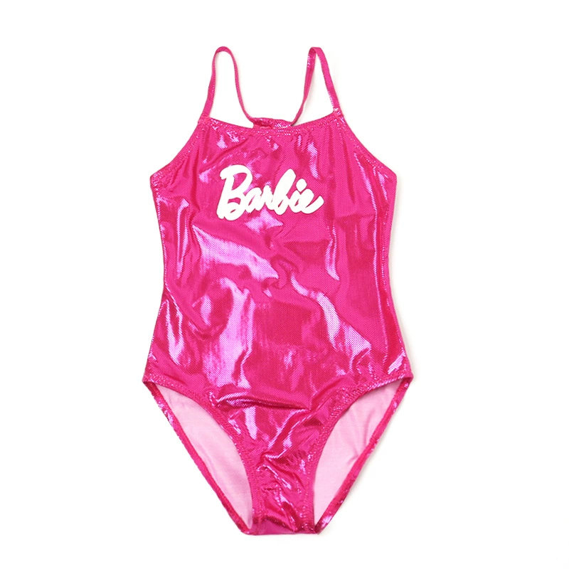 Новый стиль купальник для девочек, цельный, модная Barbie, розовый блестящий, треугольный купальник для маленьких девочек, детский морской купальник оптом