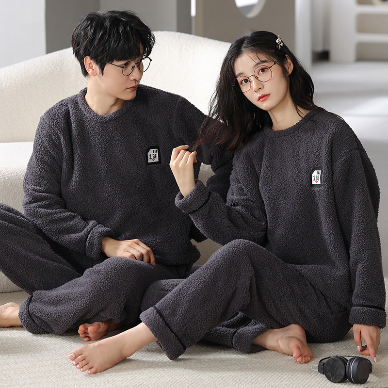 Autumn and Winter Flannel Pajamas with Fleece, Pullover Long-Sleeve Long Pants Loungewear Set for Men and Women, Couple Matching, Comfortable