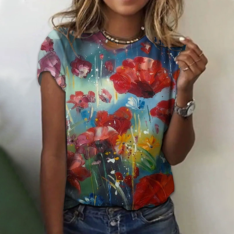 Трансграничная женская футболка с круглым вырезом и короткими рукавами с 3D-цифровым принтом Amazon, популярная уличная крутая Повседневная водолазка