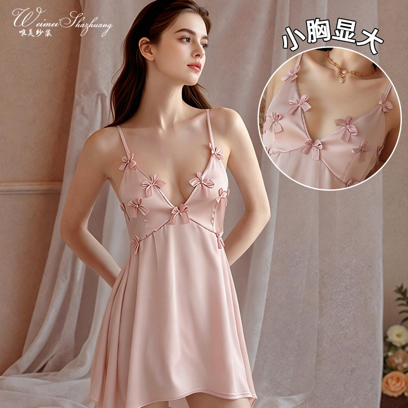 Beautiful gauze new bow and floral design, sexy lingerie for women, creating a pure and alluring atmosphere, featuring a camisole-style nightgown for lounging at home