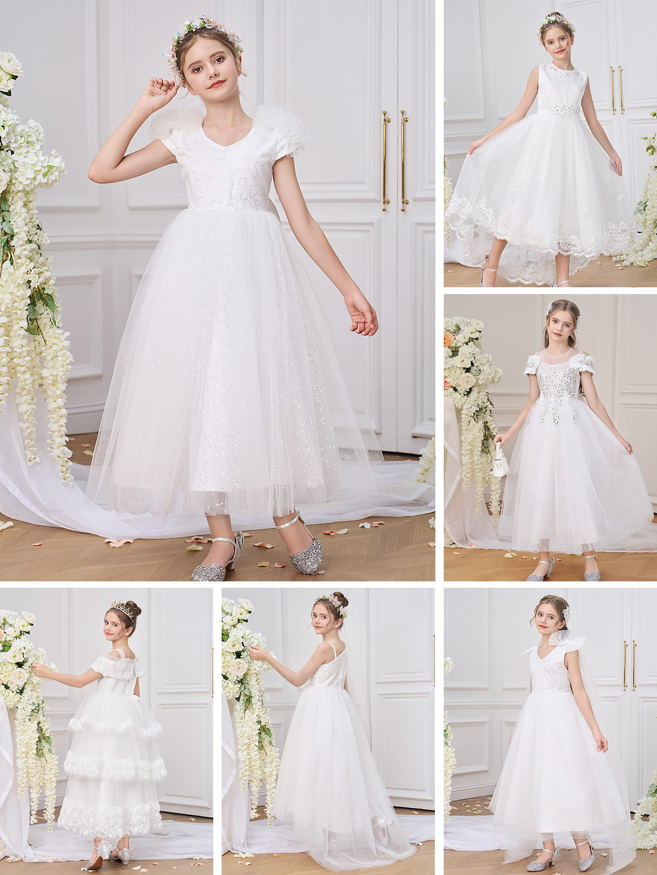 Nuevo vestido para niños grandes, vestido largo blanco, vestido de princesa de cumpleaños para niñas, vestido de niña de flores, vestido de escenario, vestido