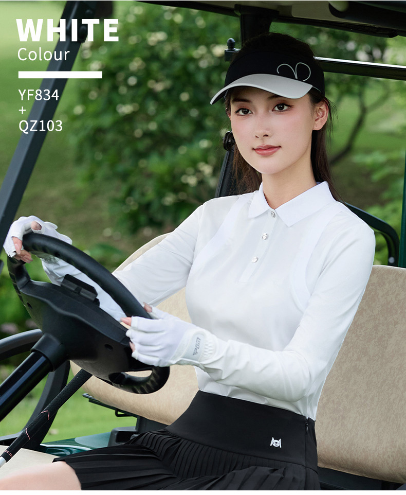 Áo polo dài tay nữ golf phối giả hai mảnh, chất vải co giãn thoáng khí — Tay áo dài màu trắng [nút tình yêu/vải co giãn/thoáng khí và thấm mồ hôi] YF834 chi tiết 6
