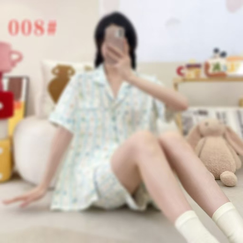 クラウドコットンパジャマ女性の夏の半袖ショーツカーディガンラペルルーズ外国貿易ライブブロードキャストルーズクロスボーダーホーム服|undefined