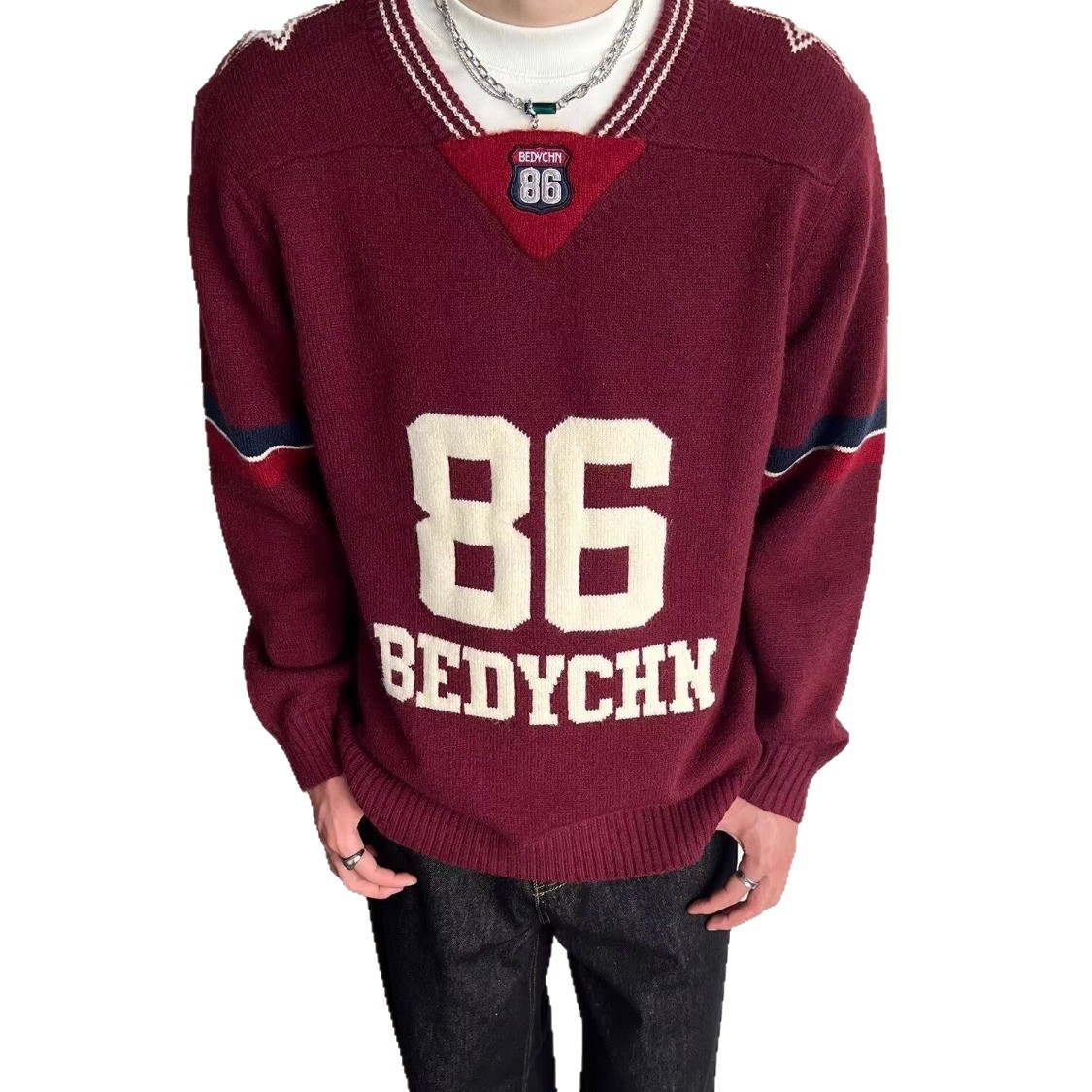 Men's Retro Color Block Pullover Sweater – Loose Fit V-Neck Knitwear (Navy Blue/Red, M-XXL)_voghion.com