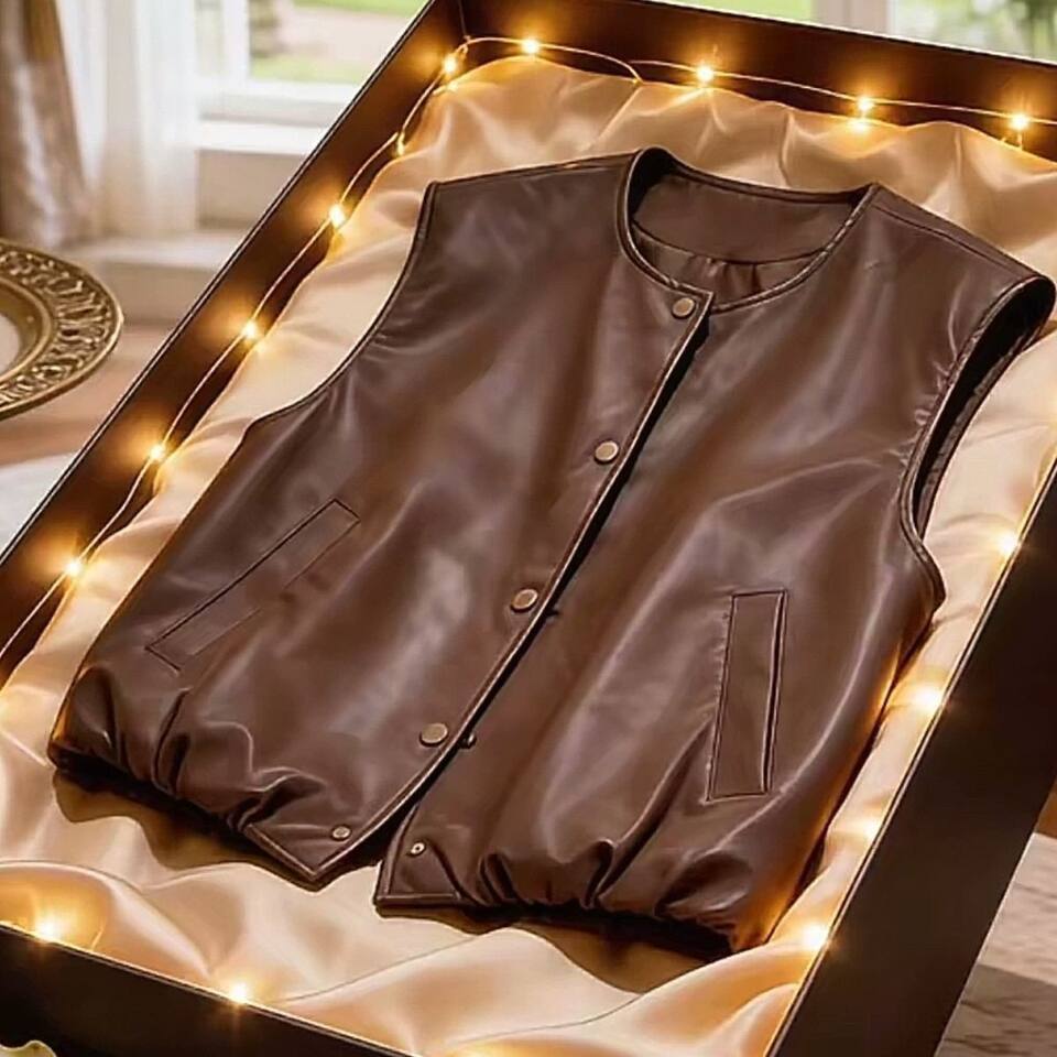 Áo gile da PU nữ dáng ngắn không tay cổ tròn phối layer form rộng — Màu nâu cà phê, màu đen chi tiết 6