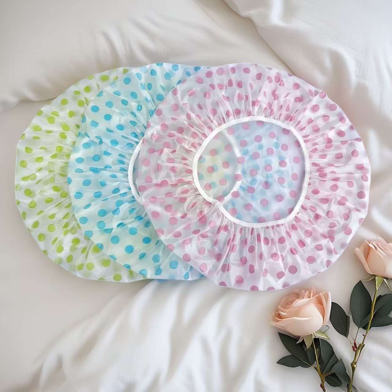 Wholesale Colorful Thickened Disposable Women's Shower Cap Waterproof Polka Dot Eva Adult Shower Cap Pe Oil-Proof Waterproof Hat