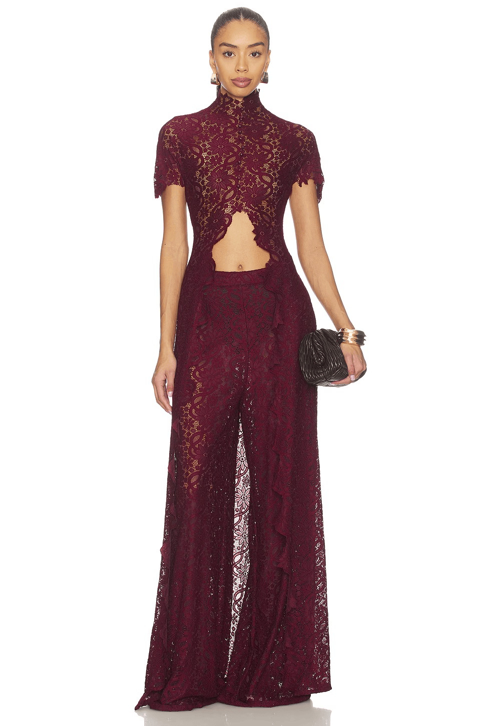 Independent Website European American Women's Clothing Lace Solid Color Dress With Hollow Out Round Neck,_ecoleips.com