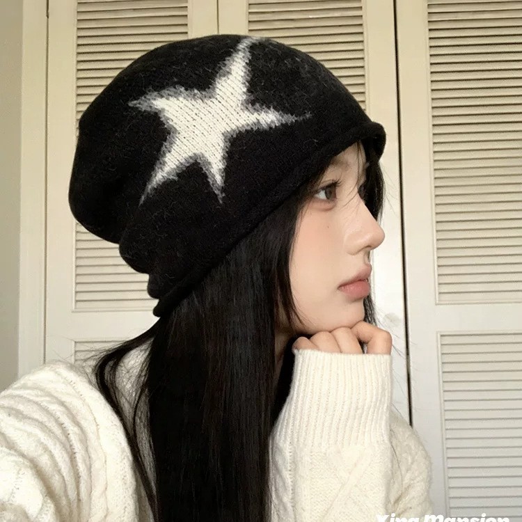睡帽氛围感帽子大头围堆堆帽女毛线帽针织冷帽保暖高级护耳包头帽