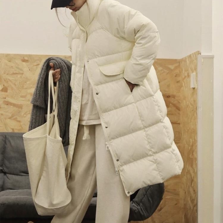 Down Jacket Women's Mid-length Over-the-knee 2024 Spring New Korean Style Vertical Collar Loose High-grade White Duck Down Jacket Down Jacket Women's Mid-length Over-the-knee 2024 Spring New Korean Style Vertical Collar Loose High-grade White Duck Down Jacket