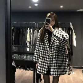 复合毛呢千鸟格子外套女秋冬季新款韩版宽松休闲加厚中长款大衣女