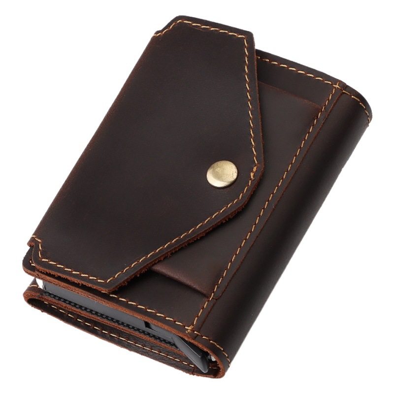 Humvee Paul Crazy Horse monedero de cuero RFID tarjeta automática caja de tarjeta de metal primera capa de cuero genuino titular de la tarjeta de crédito de los hombres