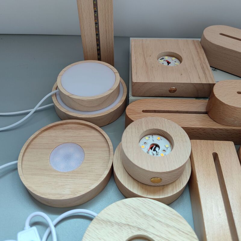 Round Solid Wood Luminous Base Led Light Rechargeable Crystal Ball Crystal Wooden Lamp Base Modern Minimalist Design