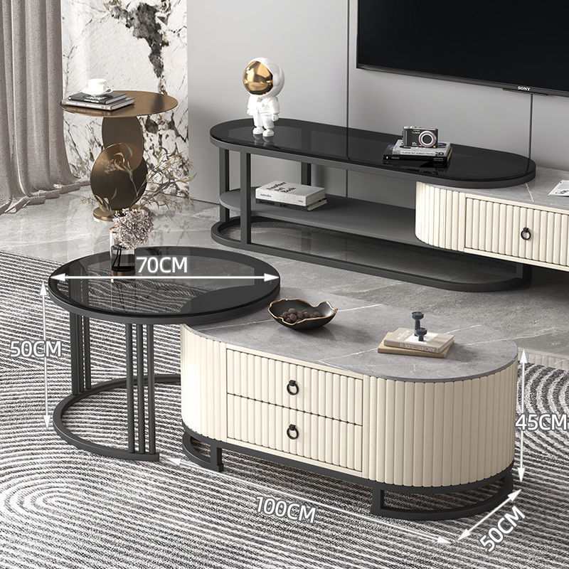 Mesa de centro de pizarra, mueble de TV, lujo ligero, sensación moderna de alta gama, sala de estar para el hogar, combinación de mesa de centro telescópica ovalada, mesa lateral