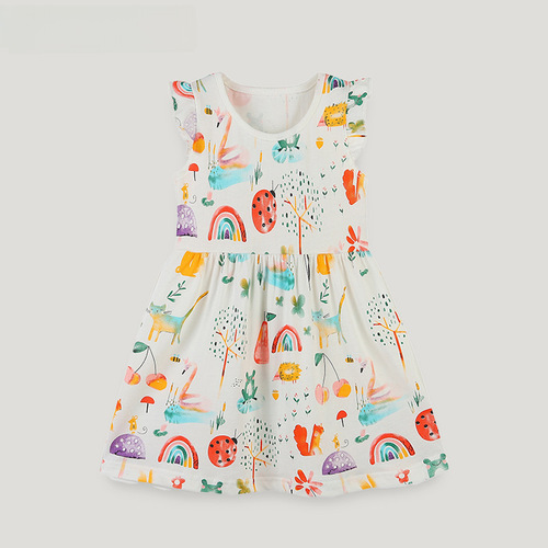 Summer New Arrival Kids' Dress: European & American-style Cartoon-printed Girls' Short-sleeve Knitted Cotton Crew-neck Princess Dress