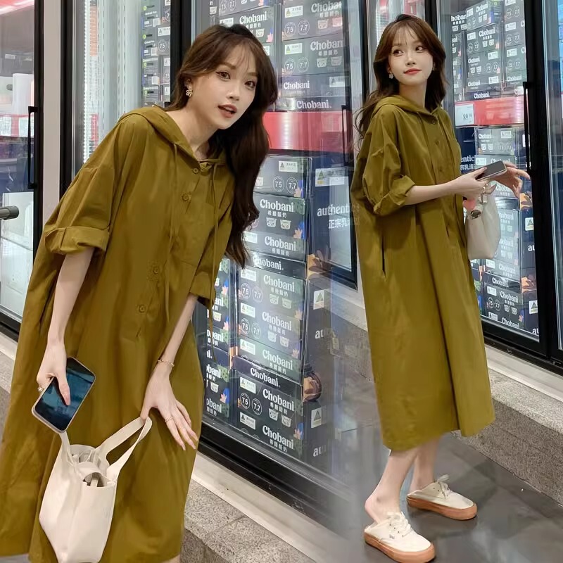 Pregnant women's 2025 spring and summer new Korean version of the long dress temperament slim plus size hooded shirt skirt Pregnant women's 2025 spring and summer new Korean version of the long dress temperament slim plus size hooded shirt skirt