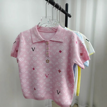 LVpolo翻领短袖凹凸感彩色刺绣新款套头气质暗纹大朗针织衫女上衣
