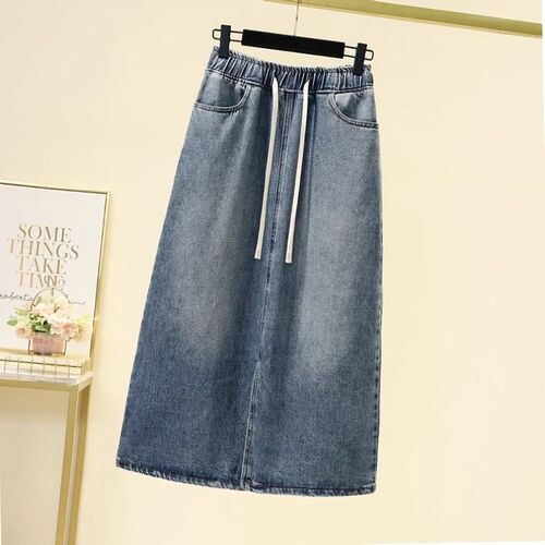 Women's Large Size Denim Half Body Skirt for 2025 Spring with Drawstring High-Waist Slimming Versatile Elastic Waist Slit Medium-Length Fashion Skirt