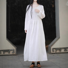 25新款棉麻女装双层棉纱文艺复古连衣裙清冷感温柔风长裙4色