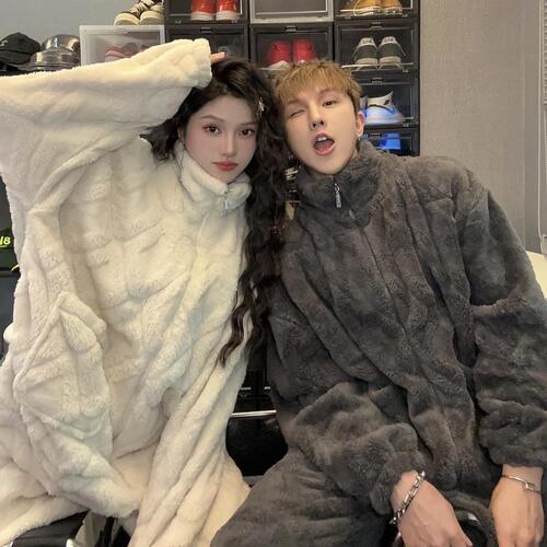 Ash Beige Zippered Coral Fleece Padded & Thickened Pajamas—Autumn/Winter Hot-Selling New Style Couple’s Home Wear Set