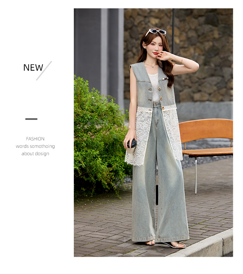 Bộ quần áo denim nữ gồm áo vest không tay và quần ống rộng AH8620 — Màu ảnh chi tiết 21