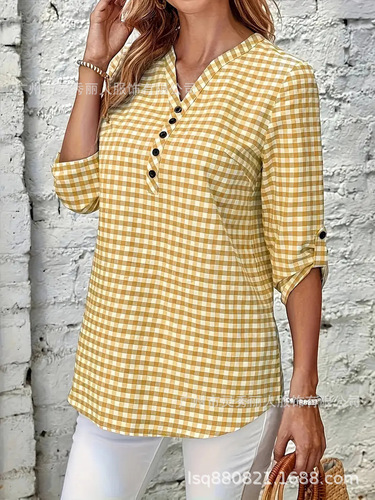 European and American Bestselling Spring and Autumn Women's Retro Elegant Checkered Striped Long-Sleeve Shirt
