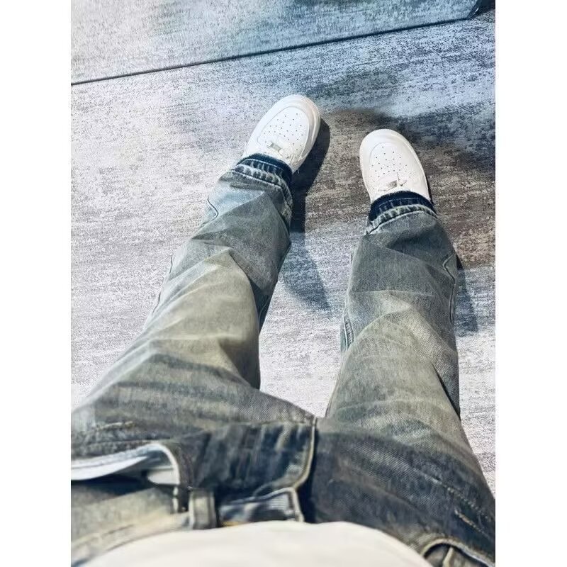 Teen Washed Denim Jeans American Style Summer Trendy Unisex High Street Loose Straight Leg Pants mid Waist Blue Long Non-Stretch_mkmklike.com