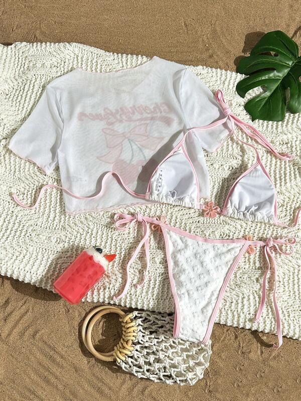 Women's Patterned Three Piece Bikini Set With Tie Up Swimsuit_voghion.com