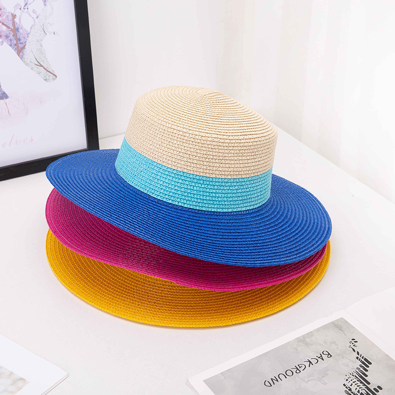 Summer Ins-style paper braid color-blocked ingot-top hat, casual straw hat for vacation travel, woven straw fedora for men and women