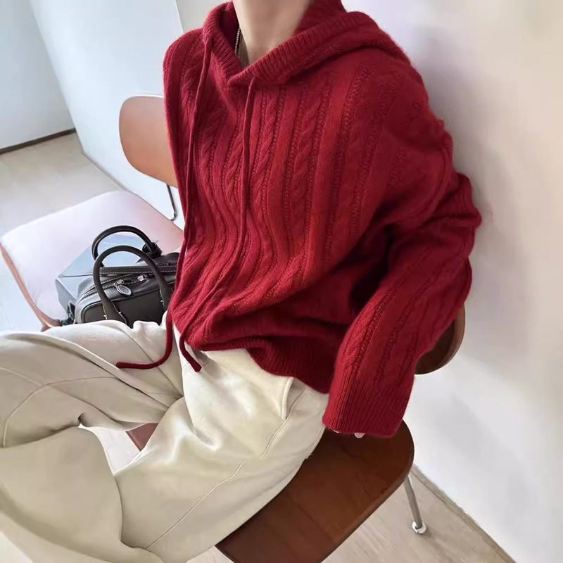 2024 Autumn and Winter New Hooded Sweater Twisted Flower 100 Pure Wool Knitwear Women's Loose Lazy Style Thickened Sweater