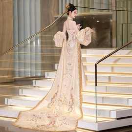 高定香槟色秀禾服大拖尾旗袍2025年新款订婚礼服新娘结婚服晚宴服