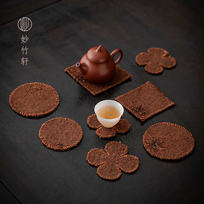 Miaozhuxuan Linen Persimmon-Dyed Distressed Coaster Plant-Dyed Petal Tea Cup Double-Layer Insulated Retro Square Zen Style