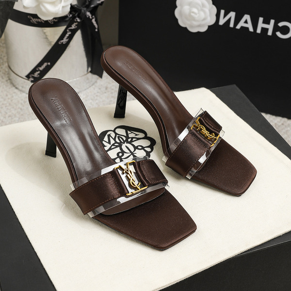Fashionable elegant women's slippers made of satin square toe…