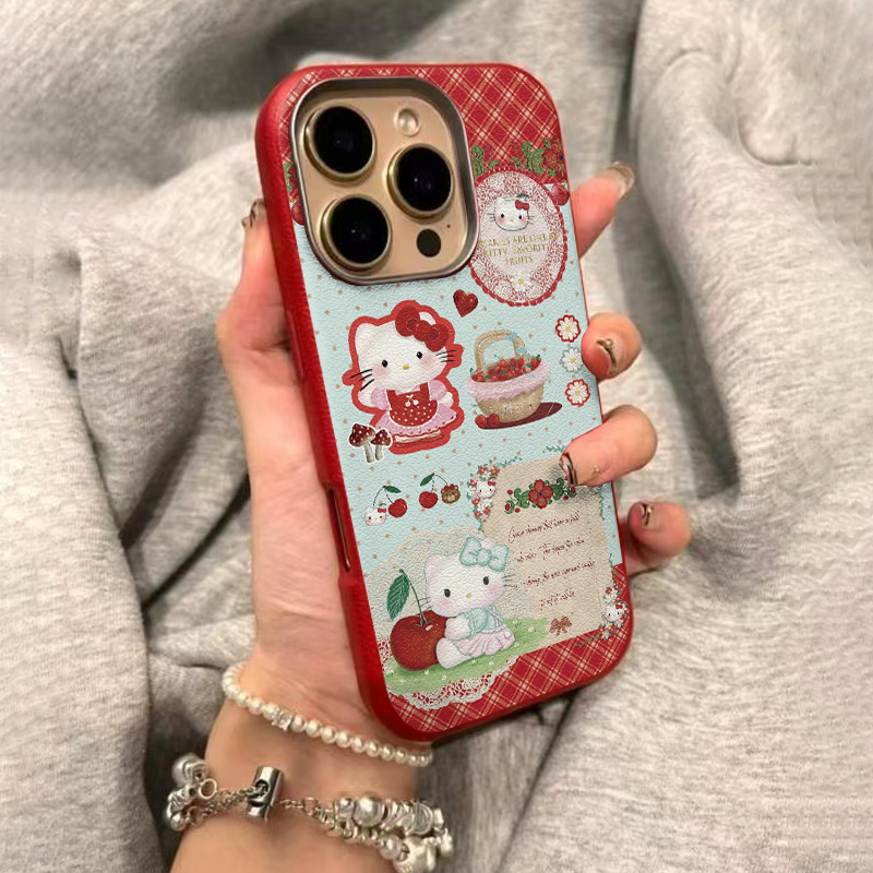 Source Factory Hello Kitty Leather-Textured Phone Case Apple 15Pro Photo Frame Anti-Drop Phone Case Wholesale